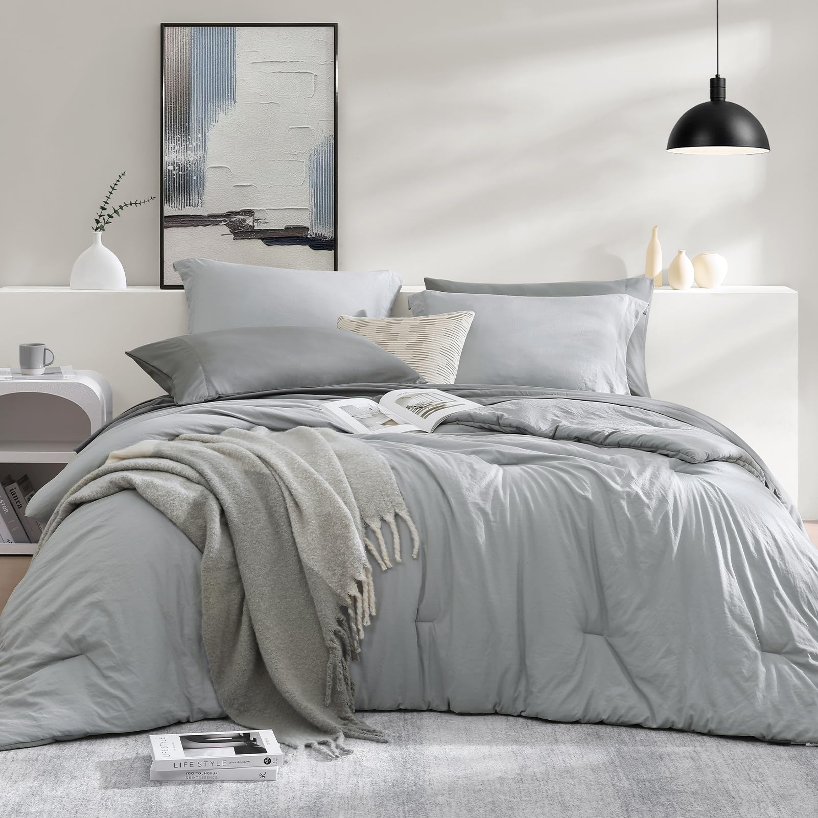 Wrensonge Light Grey Queen Comforter Set, 7 Pieces Soft Microfiber Comforters Queen Size With Fitted Sheet, Flat Sheet, 2 Pillow